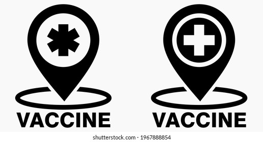 Vaccine and location icon. Syringe sign. The location of the hospital. Vector icon.