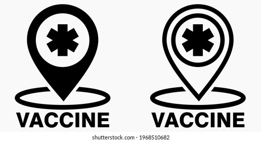 Vaccine and location icon. Syringe sign. The location of the hospital. Vector icon.