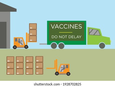 Vaccine logistics concept. Cargo boxes are being loaded for transport. Editable CLip Art