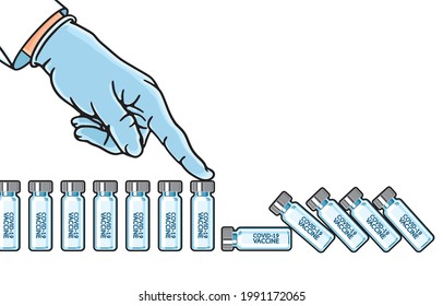 Vaccine lovers, funny, healthcare, delivery, doctor's hands playing vaccine bottle, domino effect, during the COVID-19 virus pandemic Concept. Illustration, Art, Graphic Vector isolated on background.