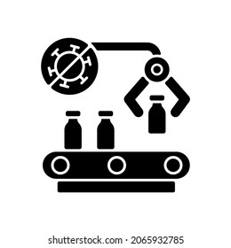 Vaccine manufacturer black glyph icon. Pharmaceutical production. Automated medication distribution. Health care and medicine. Silhouette symbol on white space. Vector isolated illustration
