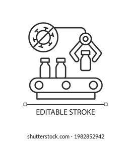 Icono lineal del fabricante de la vacuna. Producción farmacéutica. Distribución automatizada de medicamentos. Ilustración personalizable de línea delgada. Símbolo de contorno. Dibujo de contorno aislado del vector. Trazo editable