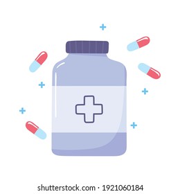 vaccine medical bottle medicine and capsules design vector illustration