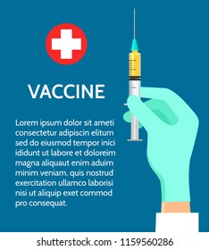 Vaccine medicine poster. Influenza vaccine shot concept, medicine flu immune safety, disease syringes inoculation, vector illustration