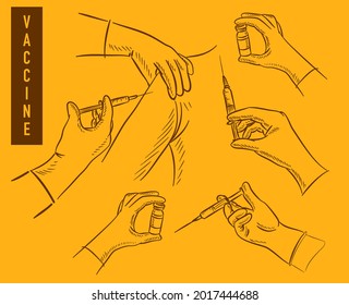 Vaccine medicine related things hand drawn illustration. Vector