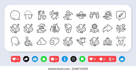 Vaccine message, Hand sanitizer and Life insurance line icons pack. Social media: share, comment, like icons. Electronic thermometer, Medical mask, Skin care web icon. Vector