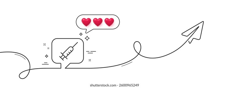 Vaccine message line icon. Continuous line with share plane. Vaccination syringe sign. Jab symbol. Hearts rate review in speech bubble. Vaccine message single line ribbon. Loop curve pattern. Vector