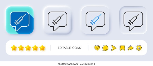 Vaccine message line icon. Neumorphic, Flat shadow, 3d buttons. Vaccination syringe sign. Jab symbol. Line vaccine message icon. Social media icons. Vector