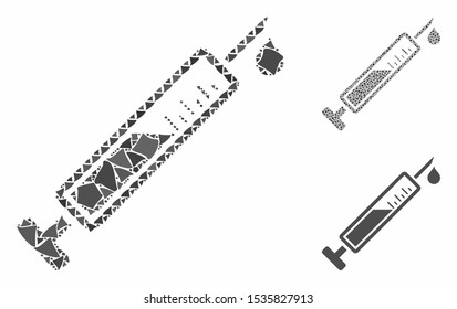 Vaccine mosaic of irregular items in variable sizes and color tints, based on vaccine icon. Vector irregular items are grouped into mosaic. Vaccine icons collage with dotted pattern.