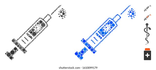 Vaccine mosaic of small circles in variable sizes and color hues, based on vaccine icon. Vector small circles are composed into blue mosaic. Dotted vaccine icon in usual and blue versions.