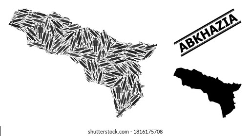 Vaccine mosaic and solid map of Abkhazia. Vector map of Abkhazia is made with vaccine symbols and men figures. Illustration is useful for medical alerts. Final solution over asian flu.