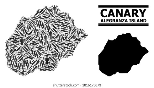 Vaccine mosaic and solid map of Alegranza Island. Vector map of Alegranza Island is created from vaccine symbols and men figures. Template is useful for medical alerts. Final win over Covid-2019.