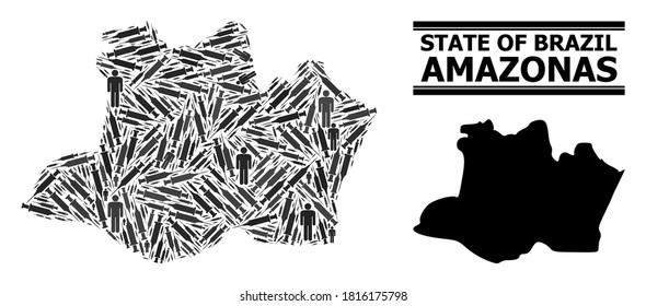 Vaccine mosaic and solid map of Amazonas State. Vector map of Amazonas State is designed of vaccine doses and human figures. Abstraction is useful for medical posters. Final solution over coronavirus.