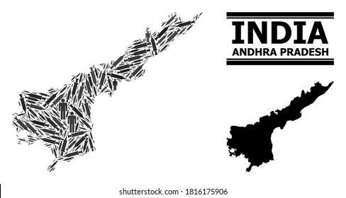 Vaccine mosaic and solid map of Andhra Pradesh State. Vector map of Andhra Pradesh State is done of vaccine doses and people figures. Abstraction is useful for isolation ads.