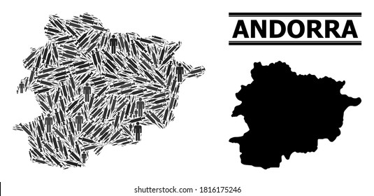 Vaccine mosaic and solid map of Andorra. Vector map of Andorra is organized with vaccine doses and human figures. Abstraction is useful for lockdown purposes. Final solution over asian flu.