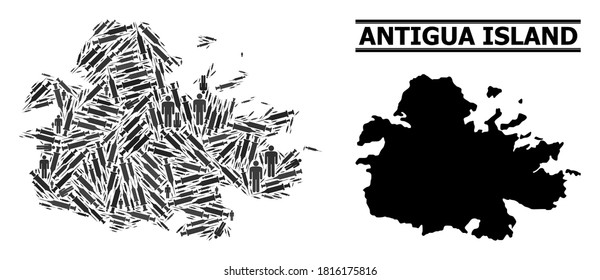 Vaccine mosaic and solid map of Antigua Island. Vector map of Antigua Island is done with vaccine doses and men figures. Collage is useful for lockdown posters. Final win over Covid-2019.