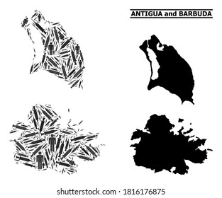 Vaccine mosaic and solid map of Antigua and Barbuda. Vector map of Antigua and Barbuda is designed from vaccine doses and people figures. Collage is useful for pandemic aims.