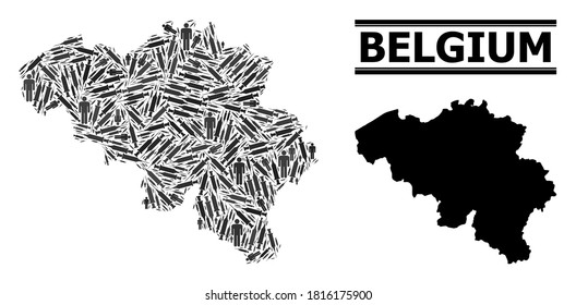 Vaccine mosaic and solid map of Belgium. Vector map of Belgium is organized with syringes and men figures. Collage is useful for safety posters. Final win over Covid-2019.