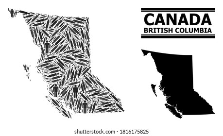 Vaccine mosaic and solid map of British Columbia Province. Vector map of British Columbia Province is organized of inoculation icons and human figures. Collage is useful for lockdown purposes.