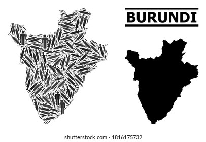Vaccine mosaic and solid map of Burundi. Vector map of Burundi is designed with vaccine doses and people figures. Template designed for safety templates. Final win over virus outbreak.