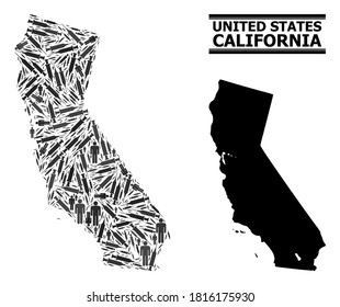 Vaccine mosaic and solid map of California. Vector map of California is shaped with vaccine symbols and men figures. Collage for pandemic ads. Final win over asian flu.