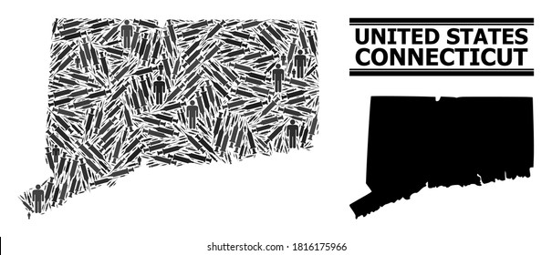 Vaccine mosaic and solid map of Connecticut State. Vector map of Connecticut State is designed from vaccine doses and people figures. Illustration is useful for medical aims.