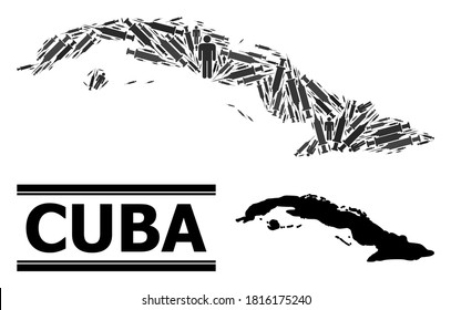 Vaccine mosaic and solid map of Cuba. Vector map of Cuba is composed from vaccine symbols and human figures. Abstraction designed for safety ads. Final win over Covid-2019.