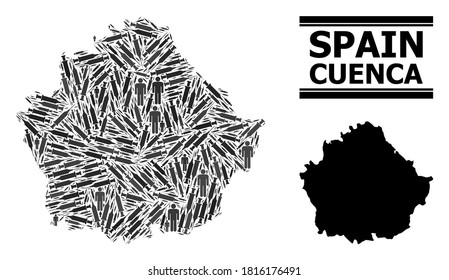 Impfmosaik und feste Karte der Provinz Cuenca. Die Vektorkarte der Provinz Cuenca wird aus Injektionsnadeln und menschlichen Figuren erstellt. Vorlage ist nützlich für Poster von Krankheitsausbrüchen.