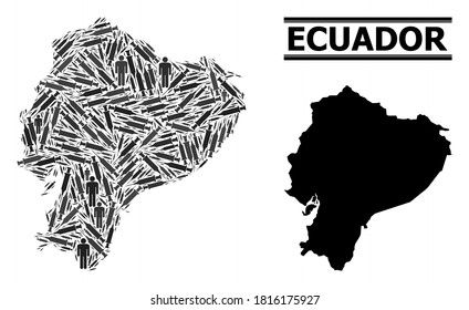Vaccine mosaic and solid map of Ecuador. Vector map of Ecuador is done of vaccine symbols and men figures. Template is useful for epidemic alerts. Final win over coronavirus.