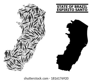 Vaccine mosaic and solid map of Espirito Santo State. Vector map of Espirito Santo State is designed from vaccine symbols and men figures. Collage is useful for quarantine aims.