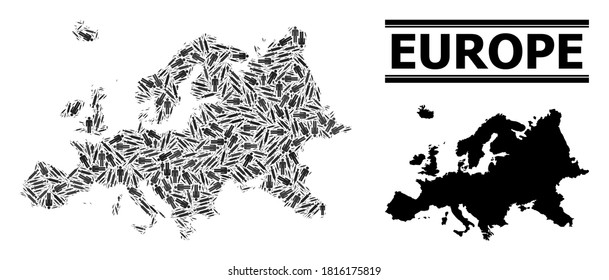 Vaccine mosaic and solid map of Europe. Vector map of Europe is constructed with syringes and human figures. Abstraction is useful for medical posters. Final solution over coronavirus.