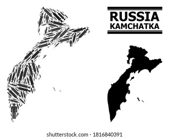 Vaccine mosaic and solid map of Kamchatka Peninsula. Vector map of Kamchatka Peninsula is created with vaccine symbols and human figures. Illustration is useful for quarantine templates.