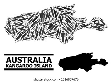 Vaccine mosaic and solid map of Kangaroo Island. Vector map of Kangaroo Island is created of vaccine doses and people figures. Collage is useful for quarantine alerts. Final solution over Covid-2019.
