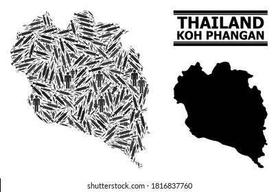 Vaccine mosaic and solid map of Koh Phangan. Vector map of Koh Phangan is made of vaccine doses and human figures. Collage is useful for pandemic ads. Final solution over virus outbreak.