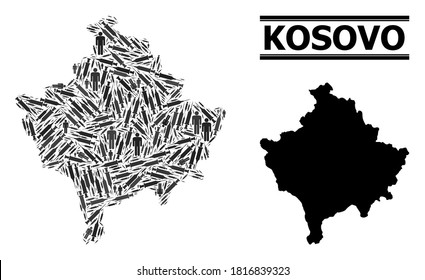 Vaccine mosaic and solid map of Kosovo. Vector map of Kosovo is designed with vaccine symbols and men figures. Template is useful for isolation alerts. Final solution over virus outbreak.