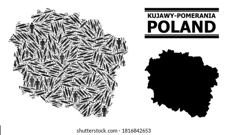 Vaccine mosaic and solid map of Kujawy-Pomerania Province. Vector map of Kujawy-Pomerania Province is made of injection needles and men figures. Abstraction is useful for medical aims.