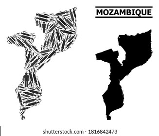 Vaccine mosaic and solid map of Mozambique. Vector map of Mozambique is composed with inoculation icons and people figures. Abstraction is useful for health care templates.