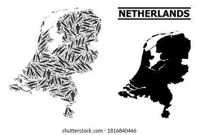 Vaccine mosaic and solid map of Netherlands. Vector map of Netherlands is composed from vaccine doses and men figures. Illustration is useful for treatment templates. Final solution over Covid-2019.