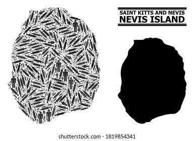 Vaccine mosaic and solid map of Nevis Island. Vector map of Nevis Island is shaped of vaccine doses and human figures. Abstraction is useful for health care posters. Final solution over coronavirus.