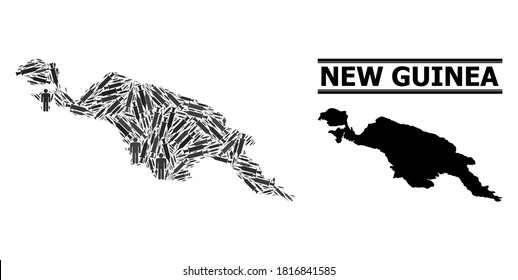 Vaccine mosaic and solid map of New Guinea Island. Vector map of New Guinea Island is designed with vaccine doses and human figures. Template designed for pandemic ads. Final win over virus outbreak.