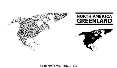 Vaccine mosaic and solid map of North America and Greenland. Vector map of North America and Greenland is organized with vaccine symbols and human figures. Illustration is useful for lockdown ads.