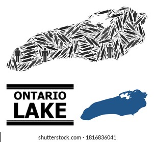 Vaccine mosaic and solid map of Ontario Lake. Vector map of Ontario Lake is designed of vaccine symbols and men figures. Template for medical purposes. Final win over Covid-2019.