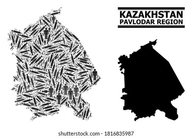 Vaccine mosaic and solid map of Pavlodar Region. Vector map of Pavlodar Region is done of vaccine symbols and human figures. Collage is useful for pandemic alerts. Final win over coronavirus.