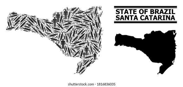 Vaccine mosaic and solid map of Santa Catarina State. Vector map of Santa Catarina State is designed with vaccine doses and men figures. Template is useful for outbreak ads.