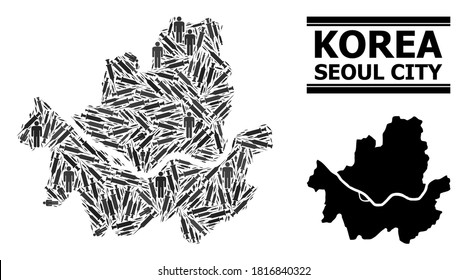 Vaccine mosaic and solid map of Seoul Municipality. Vector map of Seoul Municipality is organized with vaccine doses and human figures. Template is useful for outbreak purposes.