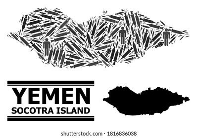 Vaccine mosaic and solid map of Socotra Island. Vector map of Socotra Island is done with syringes and people figures. Illustration is useful for treatment aims. Final solution over coronavirus.