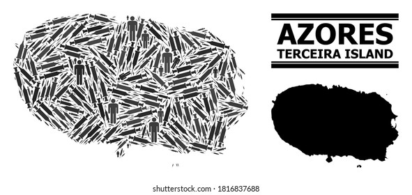 Vaccine mosaic and solid map of Terceira Island. Vector map of Terceira Island is designed with vaccine doses and human figures. Collage designed for political ads. Final solution over asian flu.