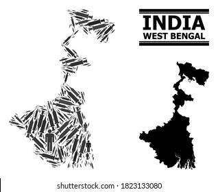 Vaccine mosaic and solid map of West Bengal State. Vector map of West Bengal State is composed with injection needles and men figures. Template is useful for isolation purposes.