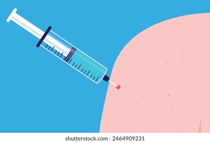 Vaccine needle injection in arm - Vector illustration of syringe inserted right below shoulder of person. Medicine injection and immunity concept in flat design on blue background