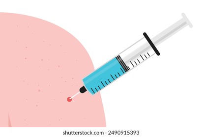 Vaccine needle injection in arm - Vector illustration of syringe penetrating skin below shoulder of person. Medicine injection and immunity concept in flat design on white background